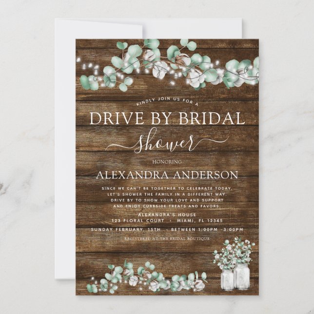 Drive by Bridal Shower Eucalyptus Rustic Wood Invitation (Front)