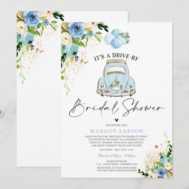 Drive By Bridal Shower Invitation Blue Floral (Front/Back)