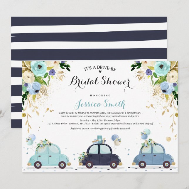 Drive By Bridal Shower Invitation Blue Floral (Front/Back)