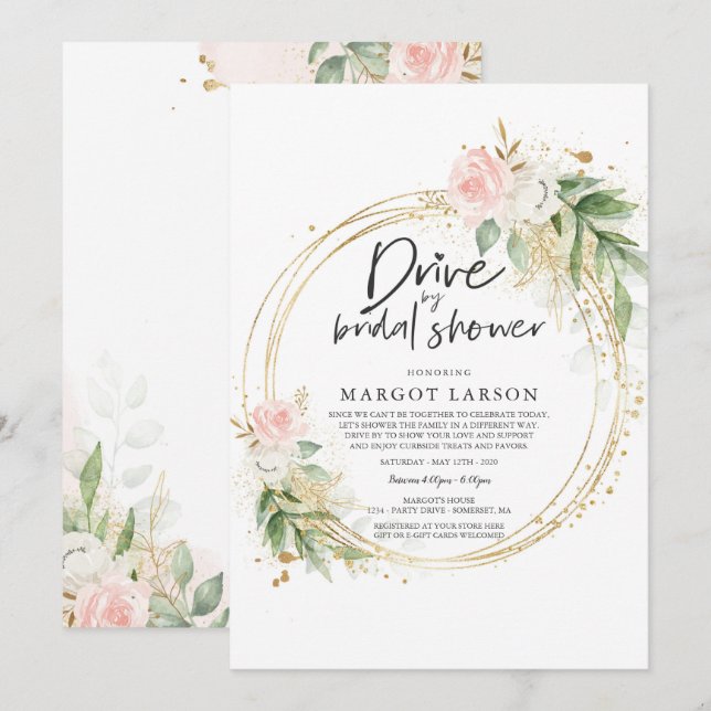 Drive By Bridal Shower Invitation Greenery & Gold (Front/Back)