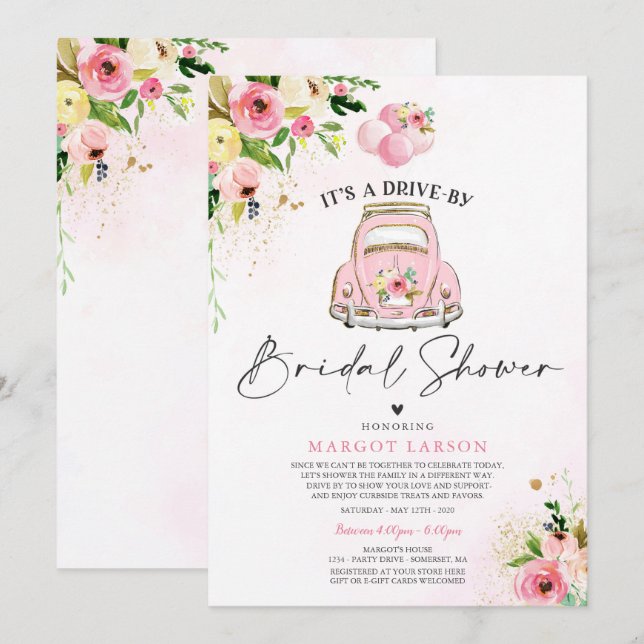 Drive By Bridal Shower Invitation Pink Floral (Front/Back)