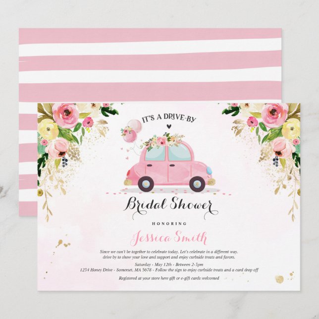 Drive By Bridal Shower Invitation Pink Floral (Front/Back)