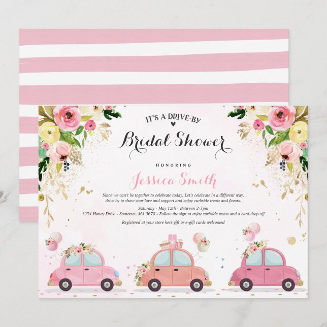 Drive By Bridal Shower Invitation Pink Floral (Front/Back)