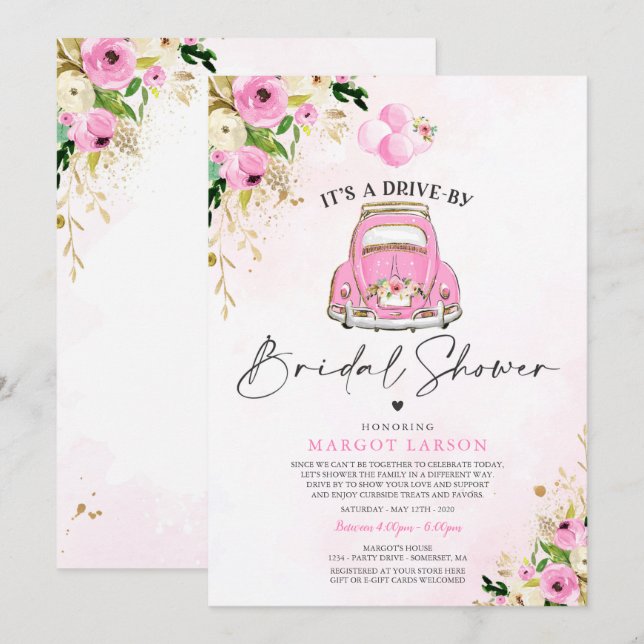 Drive By Bridal Shower Invitation Pink Floral (Front/Back)