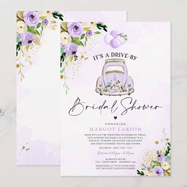 Drive By Bridal Shower Invitation Purple Floral (Front/Back)