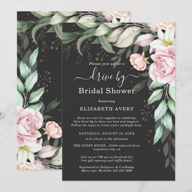 Drive By Bridal Shower Luxury Black and Pink Flora Invitation (Front/Back)