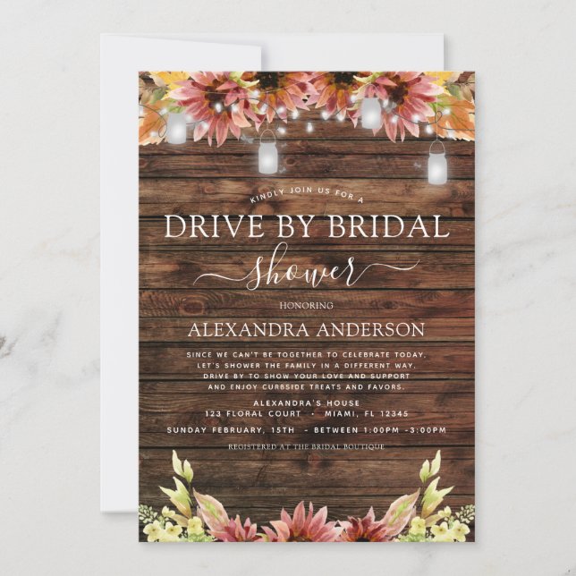 Drive by Bridal Shower Rustic Autumn Sunflowers Invitation (Front)