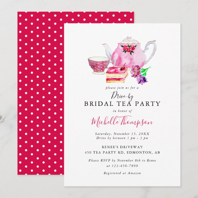 Drive-by Bridal Shower Tea Party Pink Teapot Invit Invitation (Front/Back)