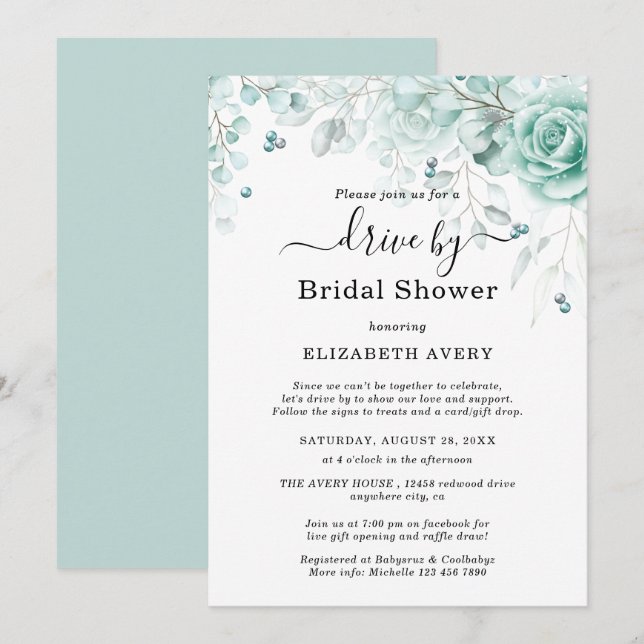 Drive By Bridal Shower Turquoise and sage greens Invitation (Front/Back)