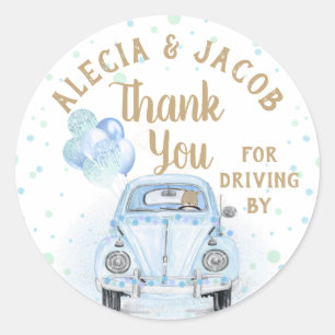 Drive By Car Boy Baby Shower Thank You Blue Gold Classic Round Sticker