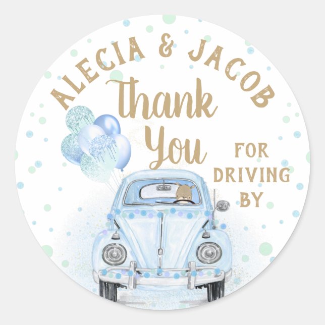 Drive By Car Boy Baby Shower Thank You Blue Gold Classic Round Sticker (Front)