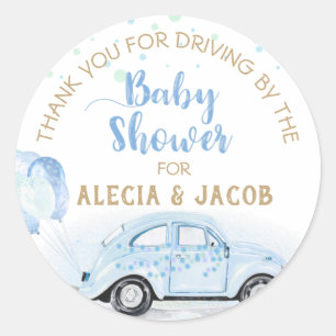 Drive By Car Boy Baby Shower Thank You Blue Gold Classic Round Sticker