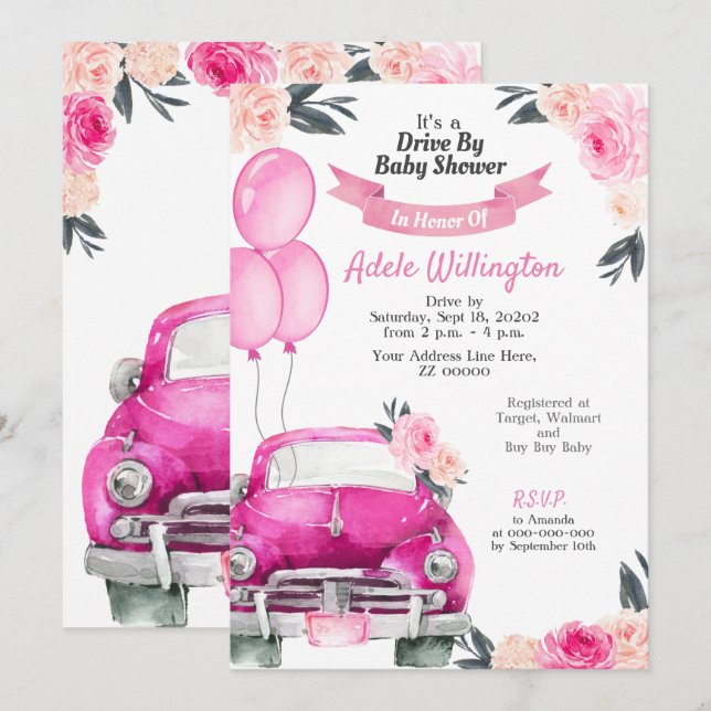 Drive By Car Floral Pink Roses Rustic Elegant Invitation (Front/Back)