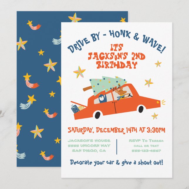 Drive by Christmas Car Birthday Parade Party Invitation (Front/Back)