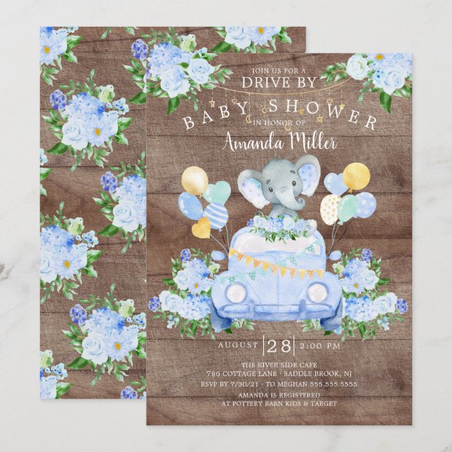 Drive By Elephant Boys Baby Shower Invitation (Front/Back)