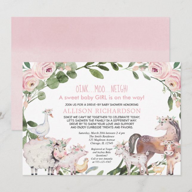 Drive by Farm Barnyard animals girl baby shower Invitation (Front/Back)