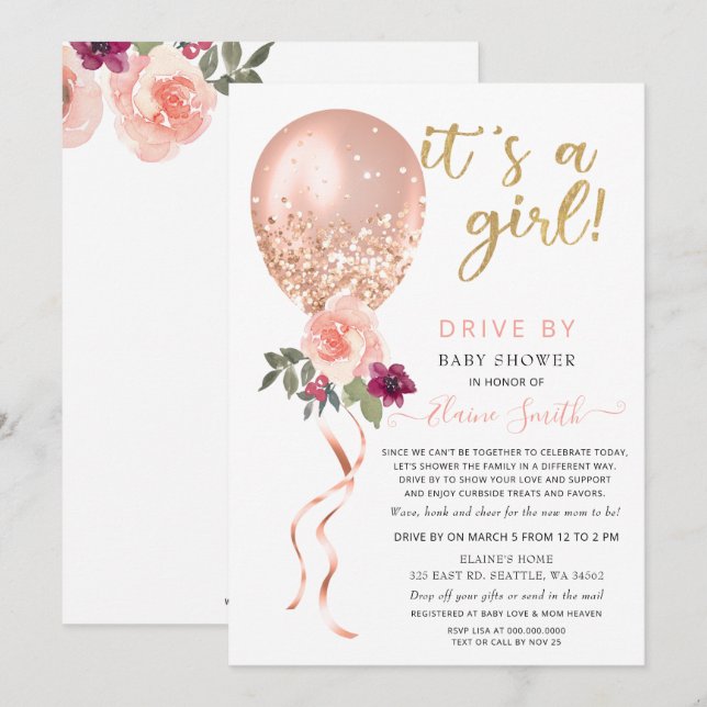 Drive by Floral Balloon Pink Glitter Baby Shower Invitation (Front/Back)