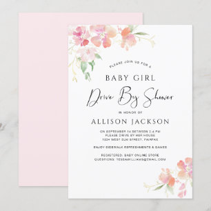 Drive By Floral Pink Watercolor Baby Girl Shower Invitation