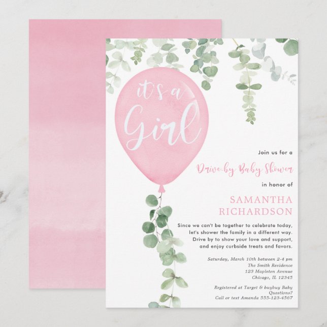 Drive-by girl baby shower pink balloon eucalyptus invitation (Front/Back)