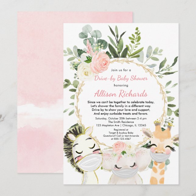 Drive-by girl baby shower pink gold cute animals invitation (Front/Back)
