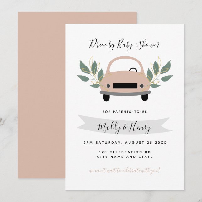 Drive by girl baby shower pink greenery invitation (Front/Back)