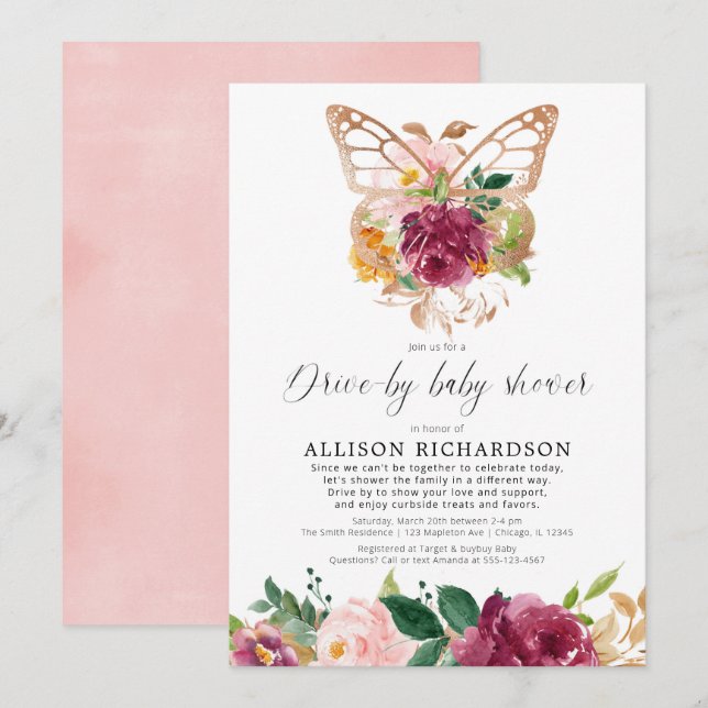 Drive-by girl butterfly blush pink burgundy floral invitation (Front/Back)