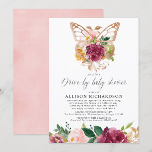 Drive-by girl butterfly blush pink burgundy floral invitation