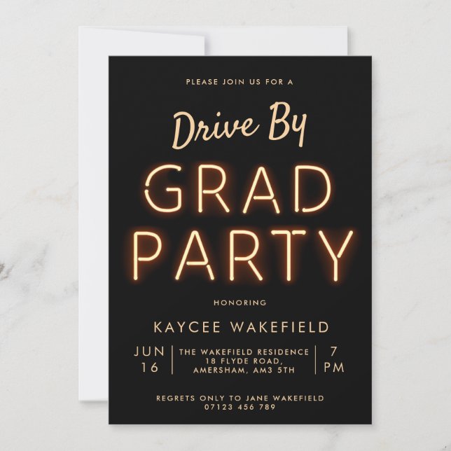 Drive By Grad Party Neon Lights Photo Invitation (Front)