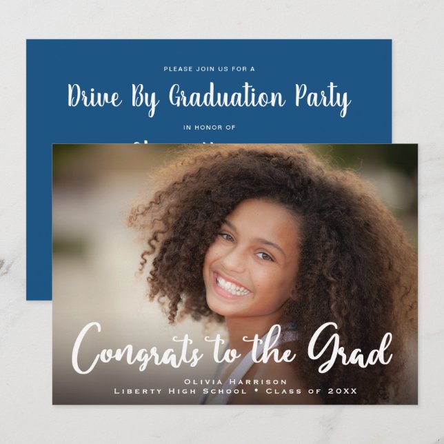 Drive By Graduation Party Photo Classic Blue Invitation (Front/Back)