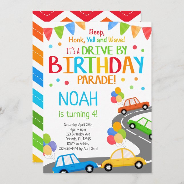 Drive By Invite, Boy Birthday Parade Invitation (Front/Back)