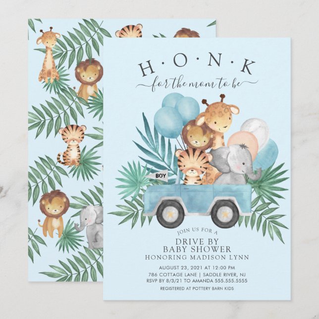 Drive By Jungle Animals Boys Baby Shower Invitation (Front/Back)