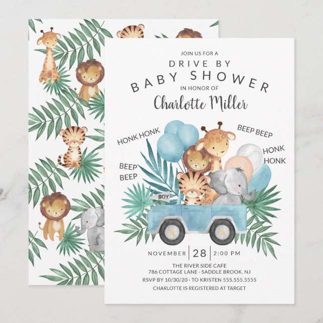 Drive By Jungle Animals Boys Baby Shower Invitation (Front/Back)