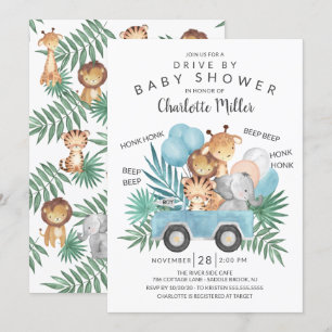 Drive By Jungle Animals Boys Baby Shower Invitation
