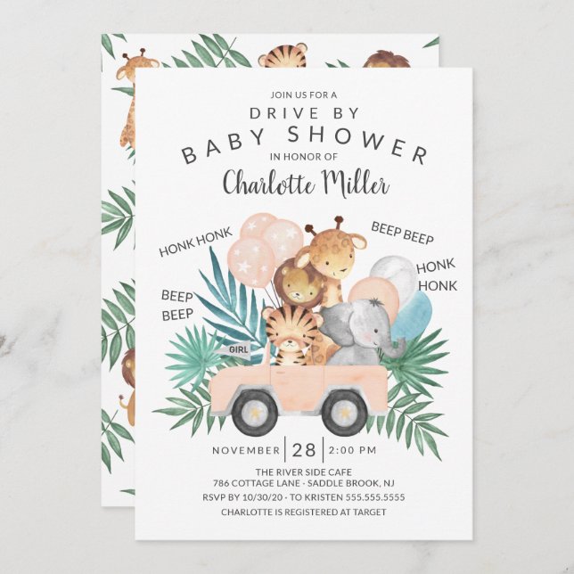 Drive By Jungle Animals Girls Baby Shower Invitation (Front/Back)