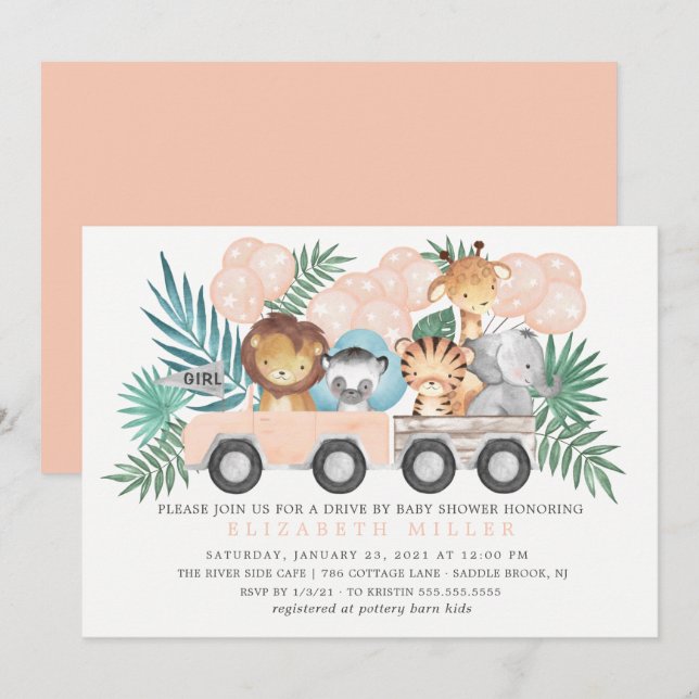 Drive By Jungle Animals Girls Baby Shower Invitation (Front/Back)