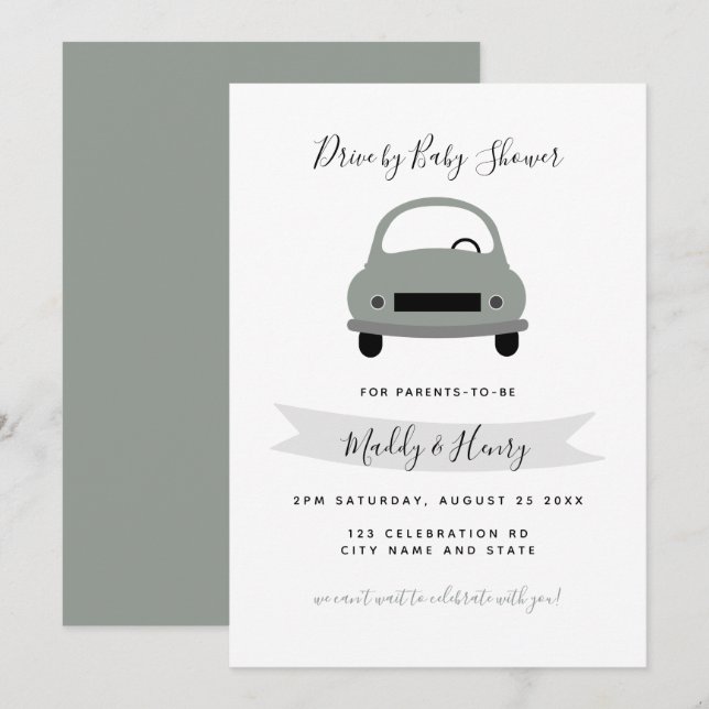 Drive by neutral boy baby shower green grey invitation (Front/Back)