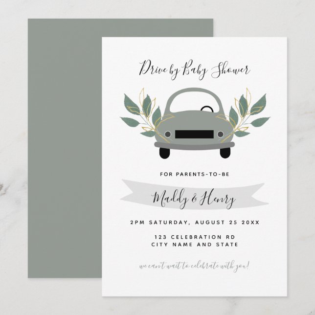 Drive by neutral boy baby shower greenery grey invitation (Front/Back)