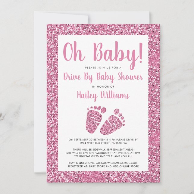 Drive By Oh Baby Pink Glitter Feet Baby Shower Invitation (Front)