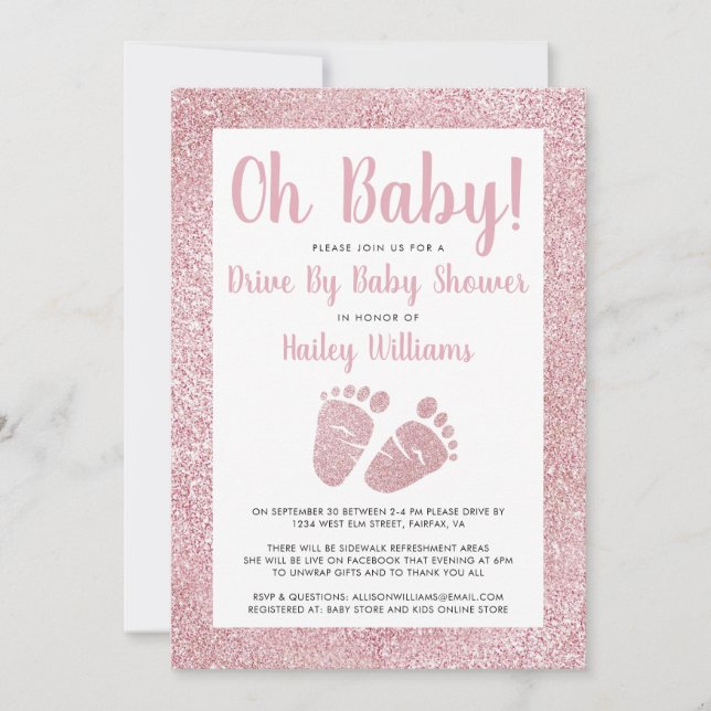 Drive By Oh Baby Pink Glitter Feet Baby Shower Invitation (Front)