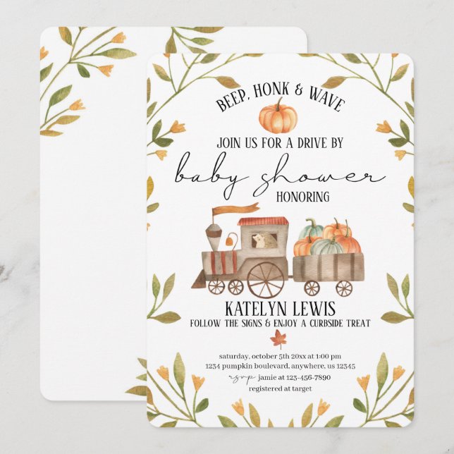 Drive By Pumpkin Baby Shower Invitation with Train (Front/Back)