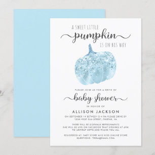 Drive By Pumpkin Blue Glitter Sparkle Baby Shower Invitation