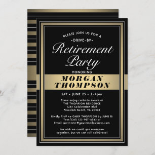 Drive-By Retirement Party Black White and Gold Invitation
