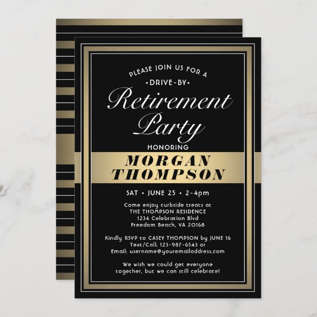 Drive-By Retirement Party Black White and Gold Invitation (Front/Back)