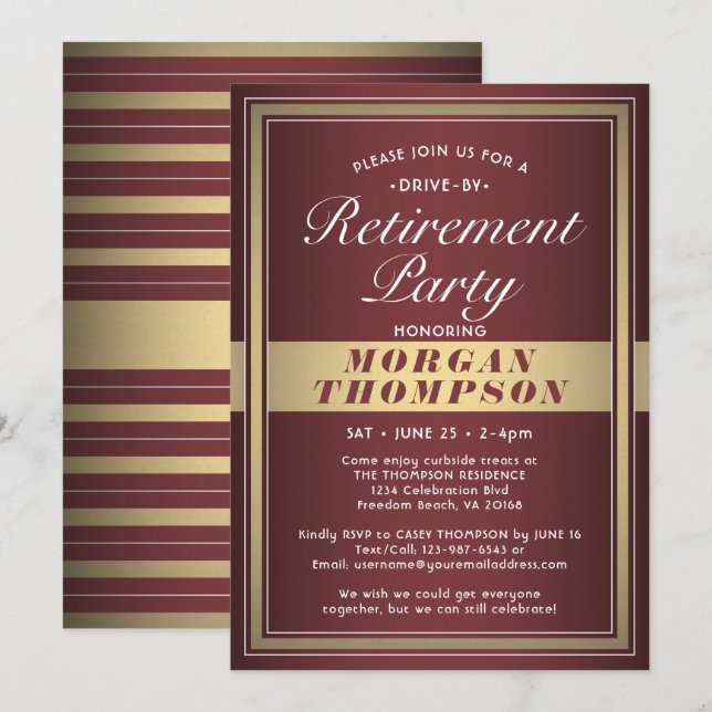 Drive-By Retirement Party Burgundy Red Gold White Invitation (Front/Back)