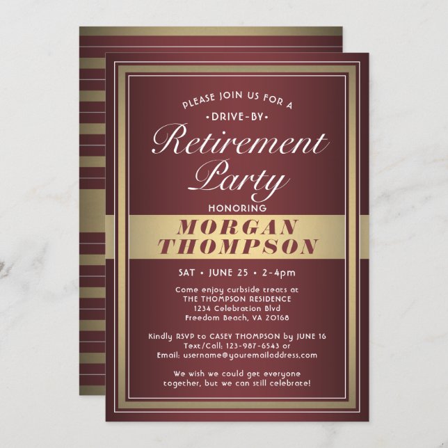 Drive-By Retirement Party Burgundy Red Gold White Invitation (Front/Back)