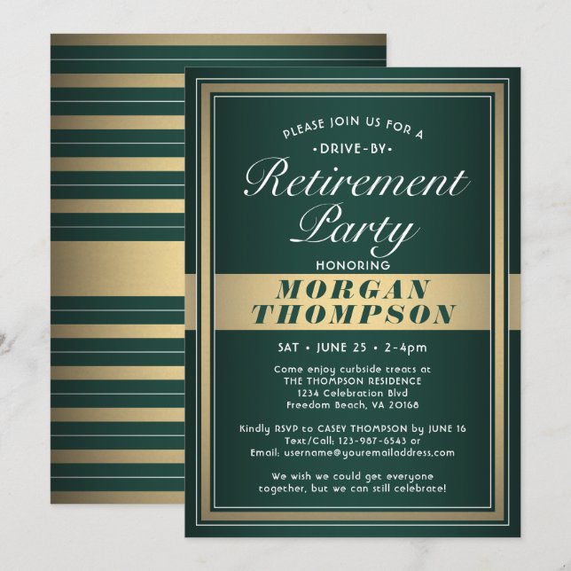 Drive-By Retirement Party Green White and Gold Invitation (Front/Back)