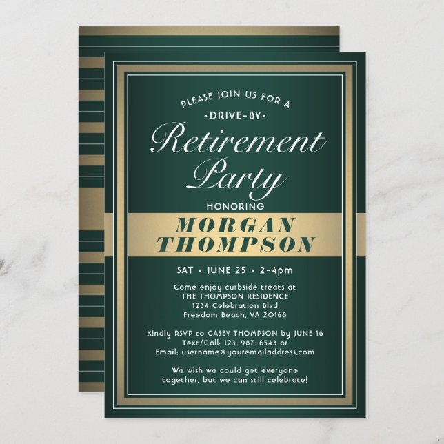 Drive-By Retirement Party Green White and Gold Invitation (Front/Back)