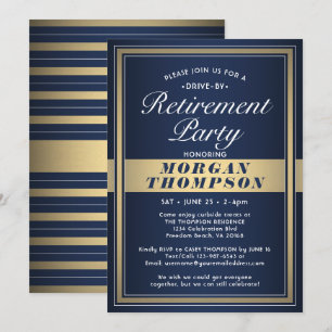 Drive-By Retirement Party Navy Blue White and Gold Invitation
