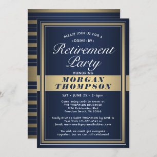 Drive-By Retirement Party Navy Blue White and Gold Invitation