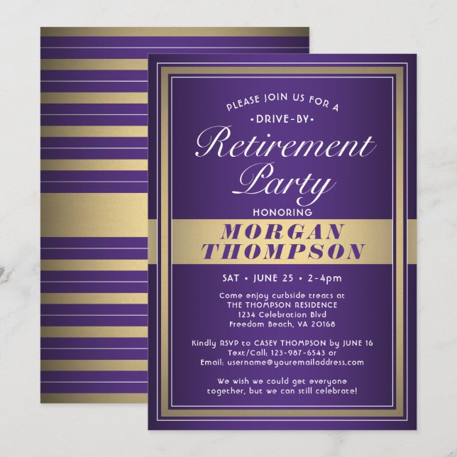 Drive-By Retirement Party Purple White and Gold Invitation (Front/Back)